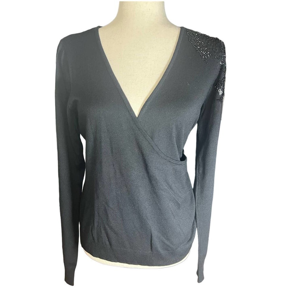 3/$27 NWT Attention V-Neck Wrap Sweater in Black, Embellished Shoulder, Large